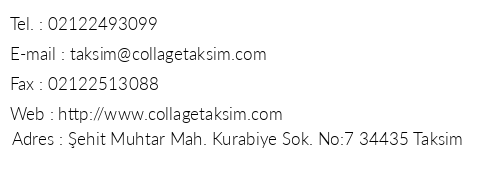 Collage Taksim Hotel telefon numaralar, faks, e-mail, posta adresi ve iletiim bilgileri